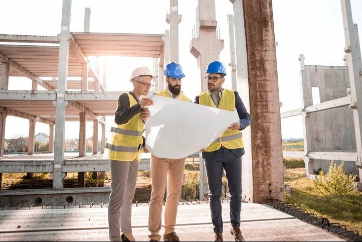 Drei Männer mit Helmen und Warnwesten schauen auf ein großes Blatt Papier. Im Hintergrund ist eine Baustelle zu sehen.